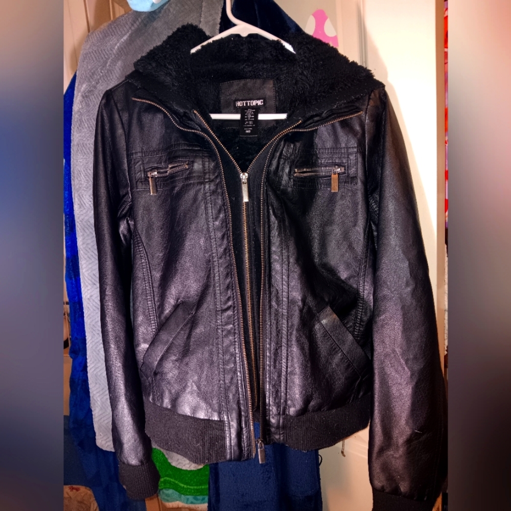 Hot Topic Black Fleece lined faux leather jacket.